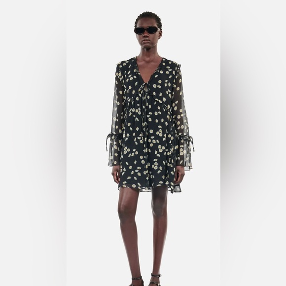 NWT The Kooples 100% Silk Daisy Printed Black Boho Whimsigoth Mini Dress - Picture 1 of 8